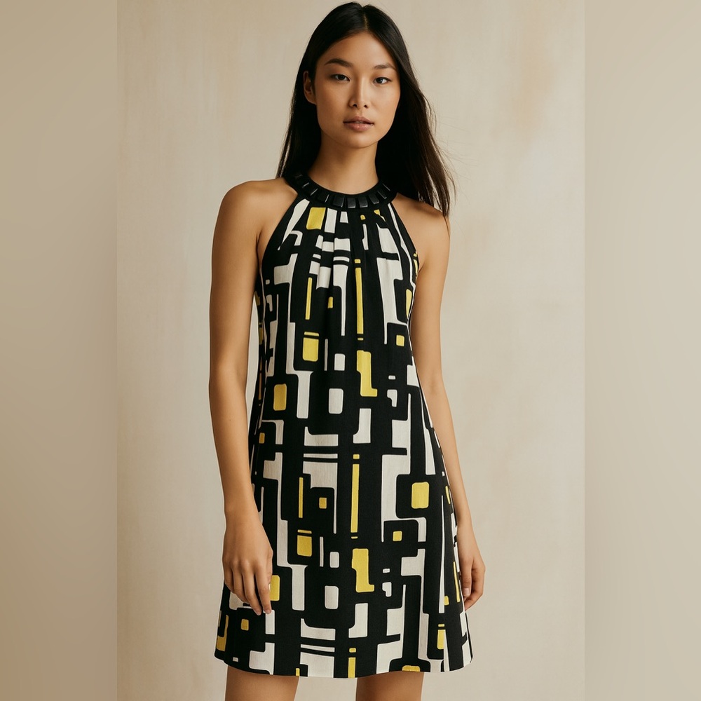 NWT Laura Petite Geometric Black and Yellow Linen Blend Mini Halter Shift Dress